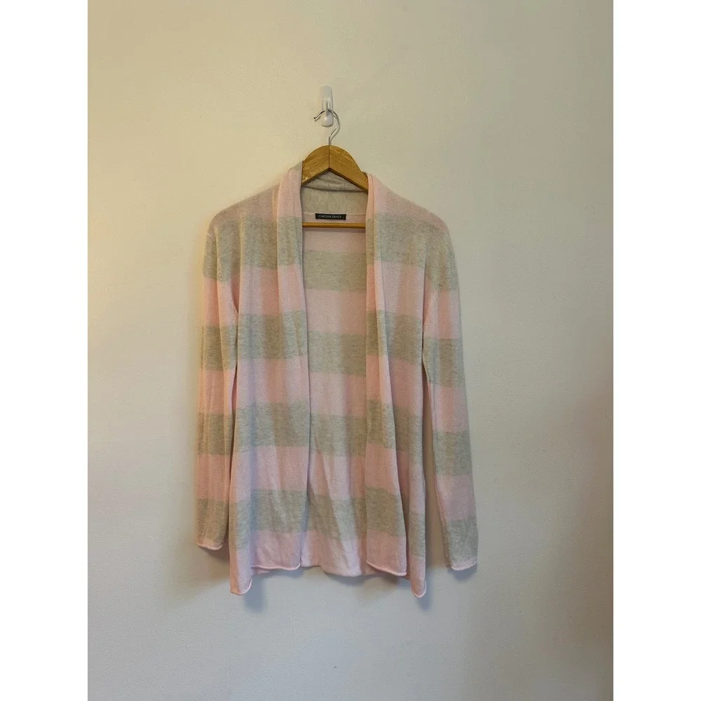 Caroline Grace Pink and Gray Striped Cotton Cashmere Open Front Cardigan | Small
